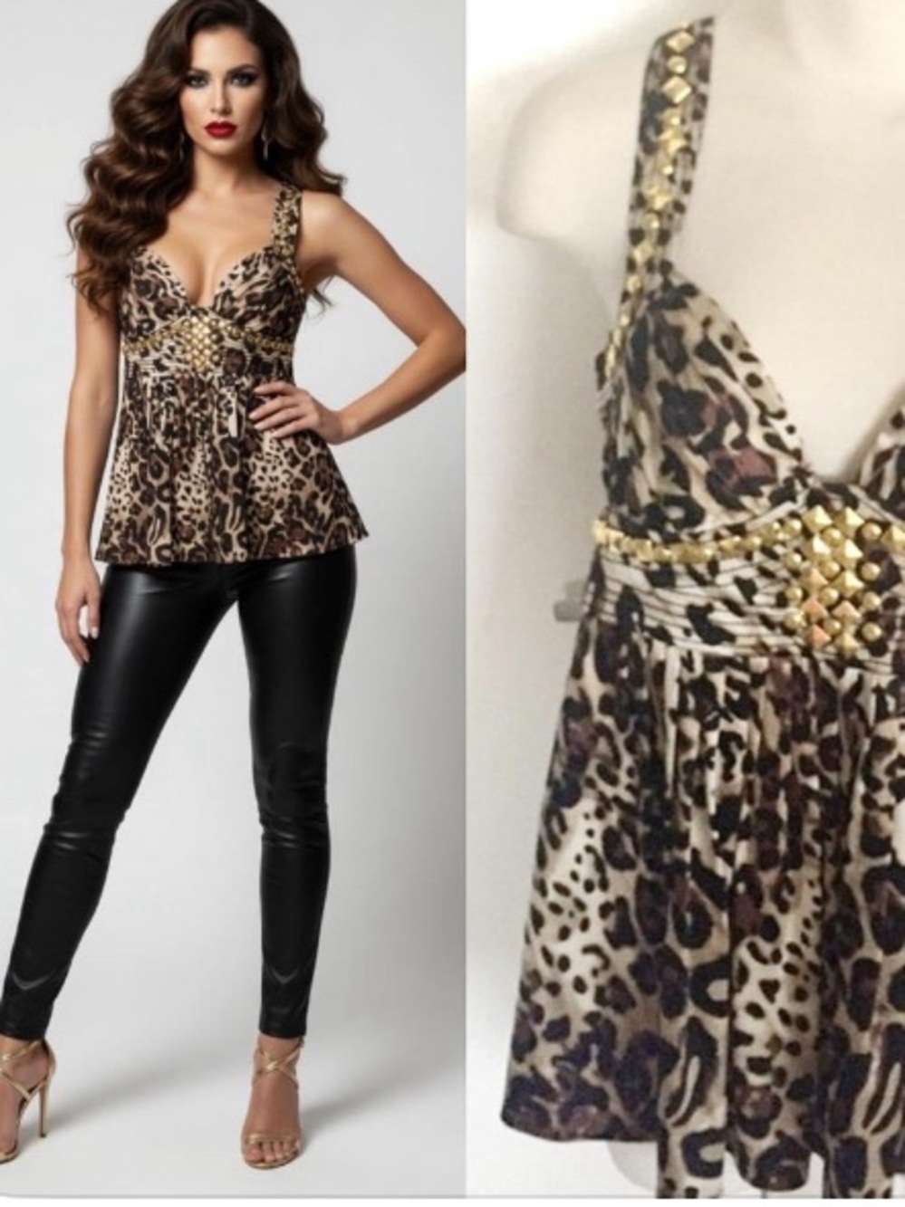 NWOT Bebe Gold Studded Silk Bustier Babydoll Tank Tunic Dress Blouse